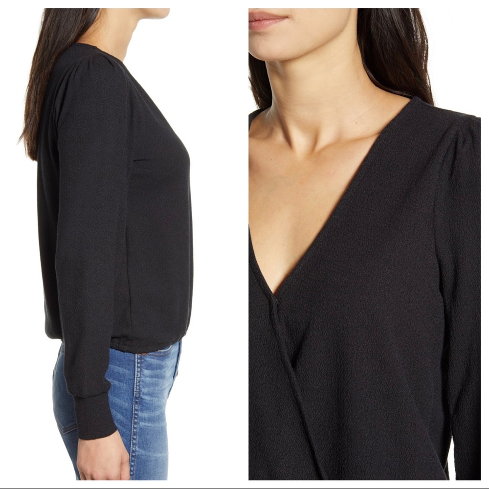 NWT Madewell Puff Sleeve Faux Wrap Top in Black - Picture 2 of 3